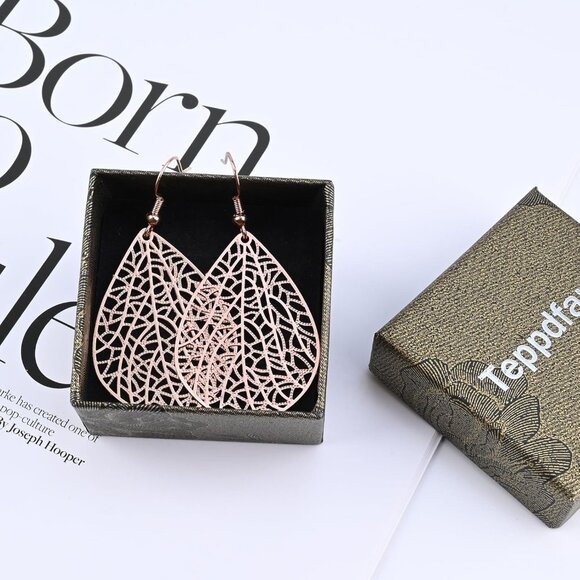 Women's Rose Gold Teardrop Plated Leaf Handmade Filigree Drop Dangle Earrings - Picture 7 of 7